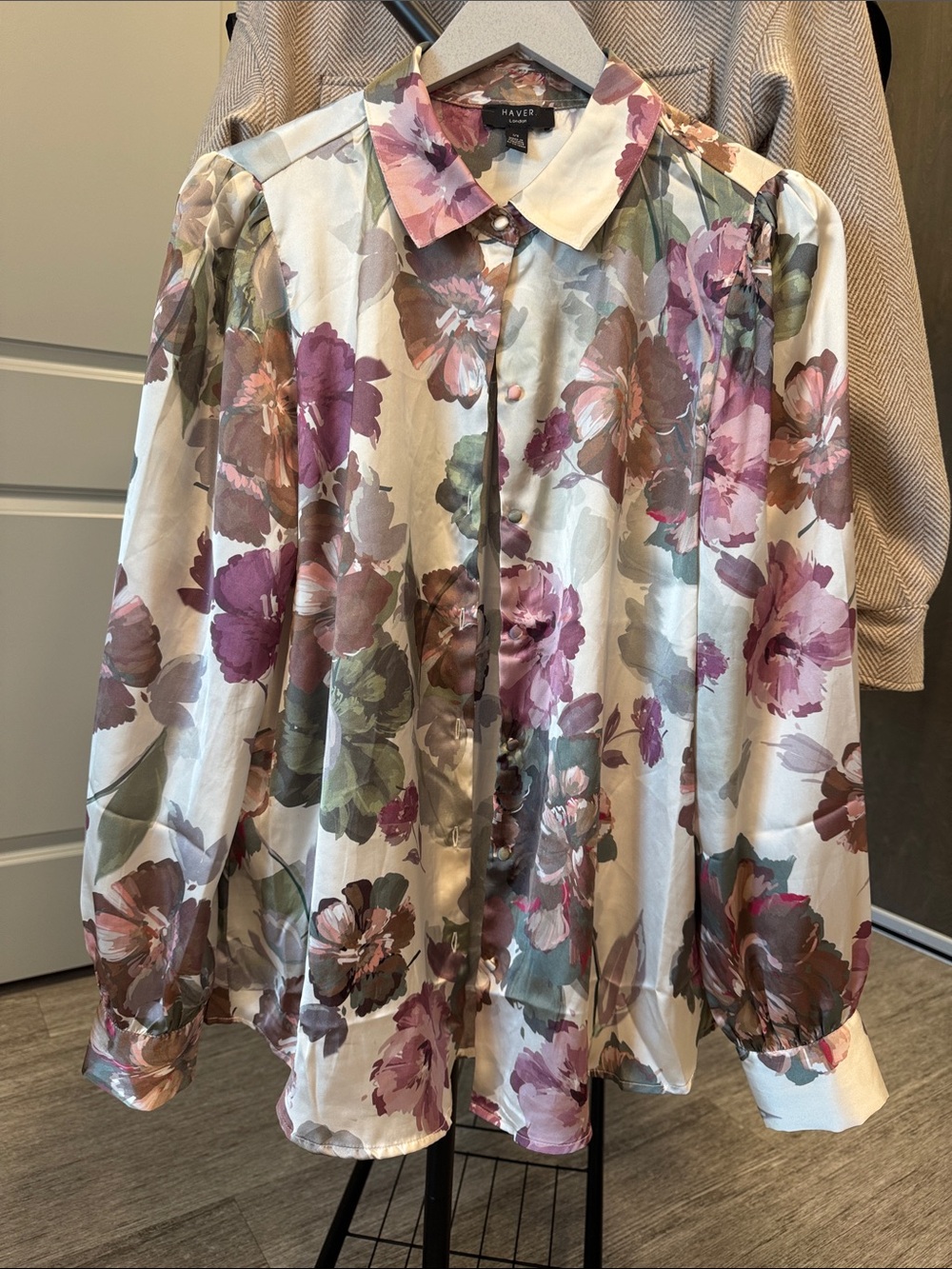Have Floral Button-Down Shirt in White with Pink and Green Accents